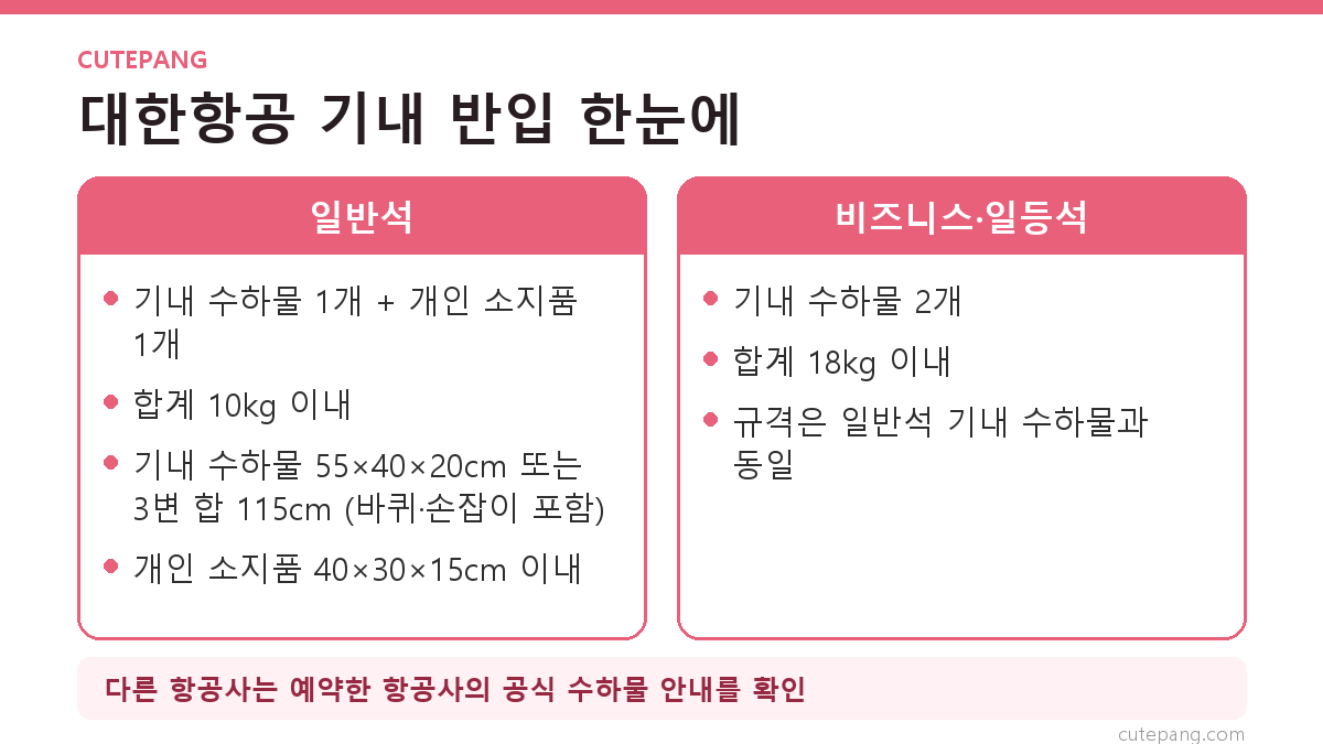 대한항공 일반석 기내 수하물 규격 요약